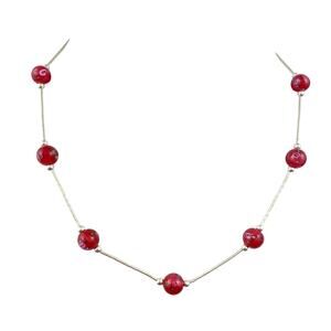 Red Floral Design Glass Bead Station Necklace | NWOT Sterling Silver 925 | 16"